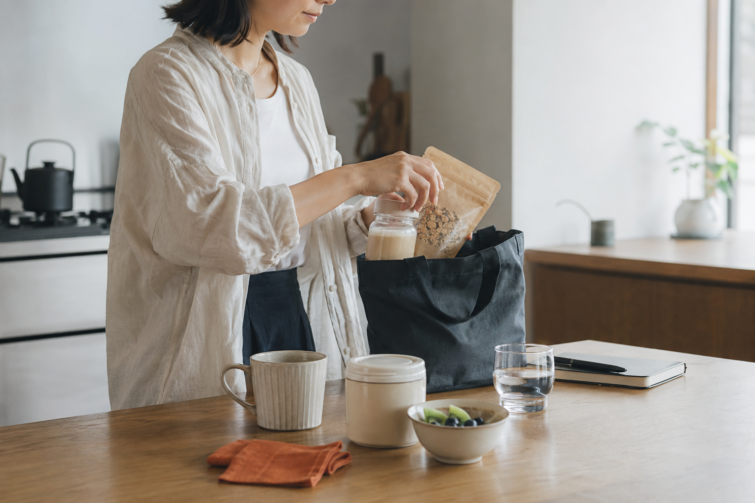 食品を生活に合わせて持ち出す準備をしている様子